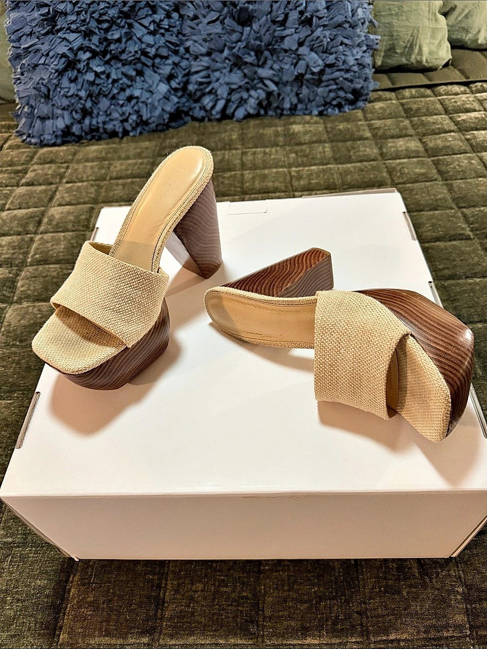 Woven Block Heel Mules in Brown & Beige Like New